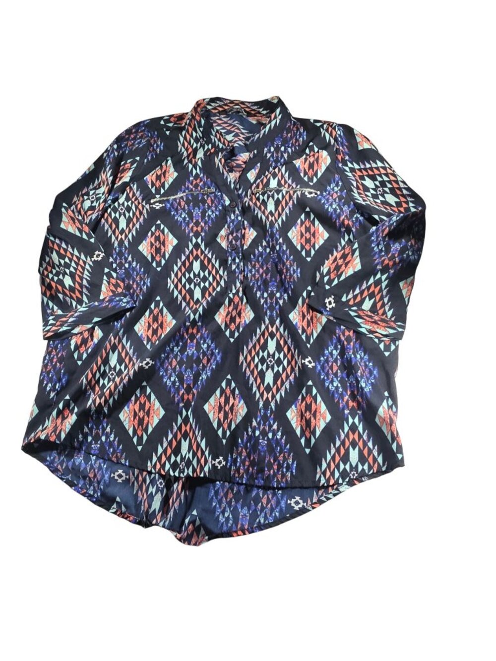 Time To Bloom Shirt Womens Geometric Print Long Sleeve Blouse L Black Multicolor